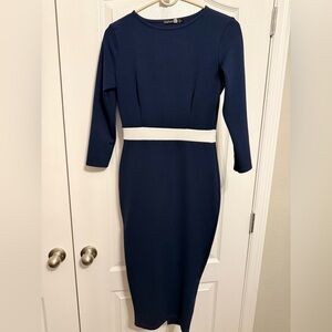 Boohoo Navy and White Long Sleeve Dress - S/M